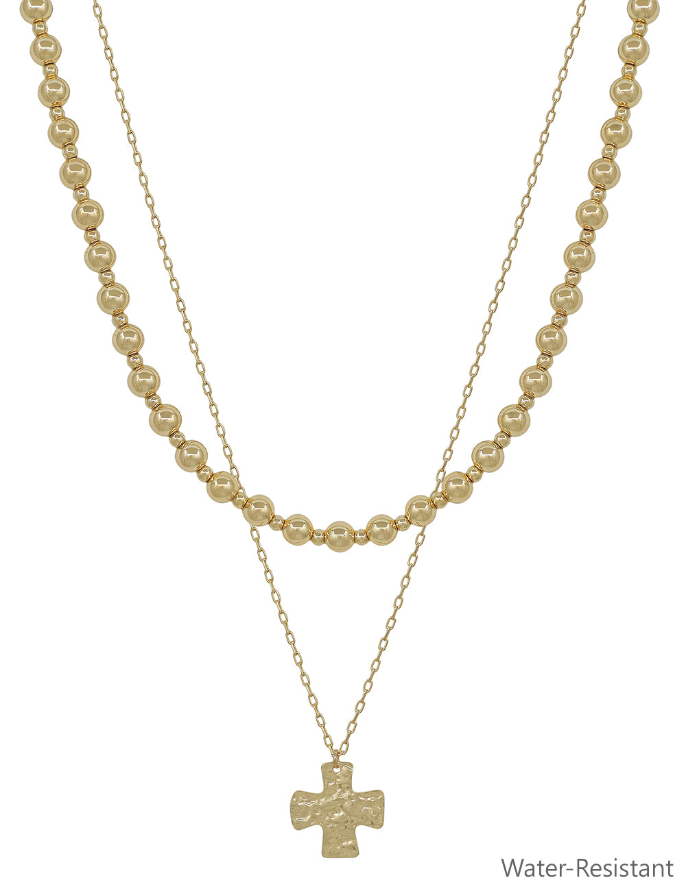 Water Resistant Gold Layered 4mm Beaded and Hammered Gold Cross 16"-18" Necklace