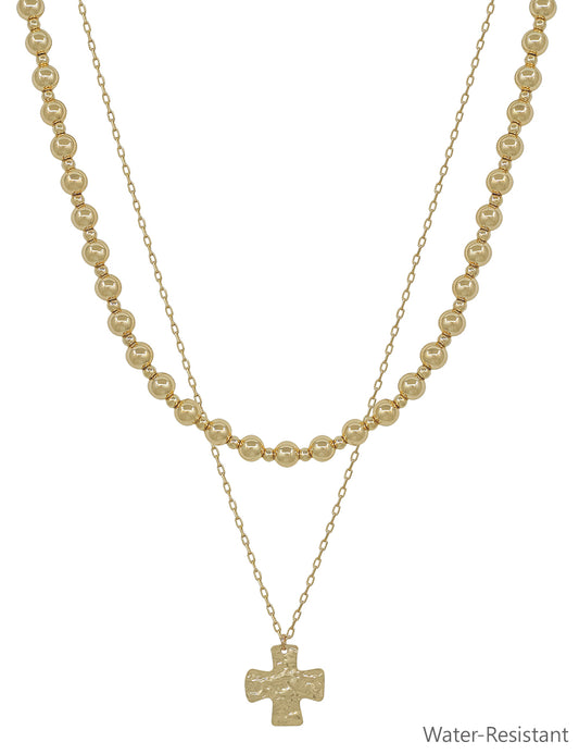 Water Resistant Gold Layered 4mm Beaded and Hammered Gold Cross 16"-18" Necklace