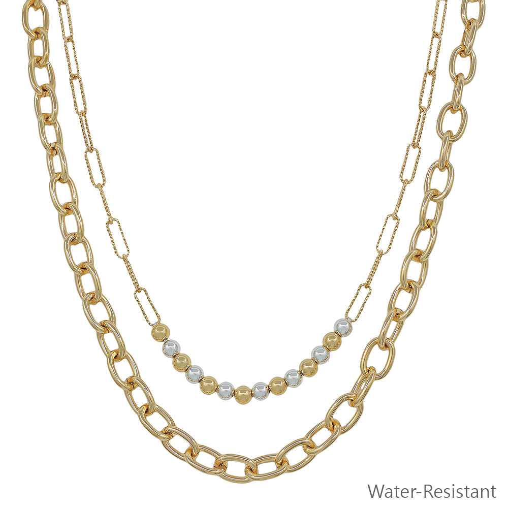 Water Resistant Gold and Silver Beaded with Gold Chain Layered 16"-18" Necklace