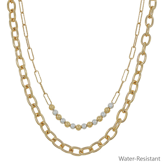 Water Resistant Gold and Silver Beaded with Gold Chain Layered 16"-18" Necklace