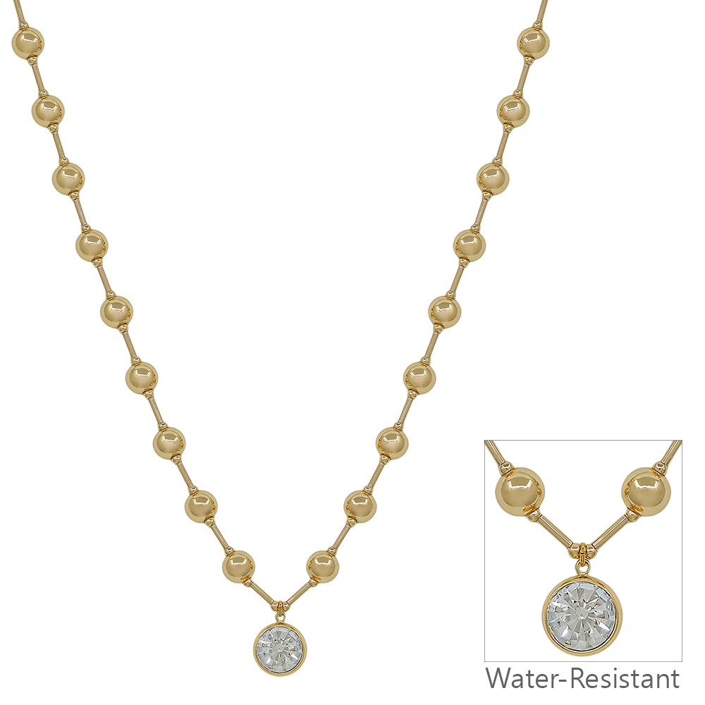 Water Resistant Gold Beaded with 10MM Crystal Drop 16"-18" Necklace