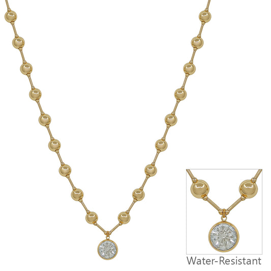 Water Resistant Gold Beaded with 10MM Crystal Drop 16"-18" Necklace
