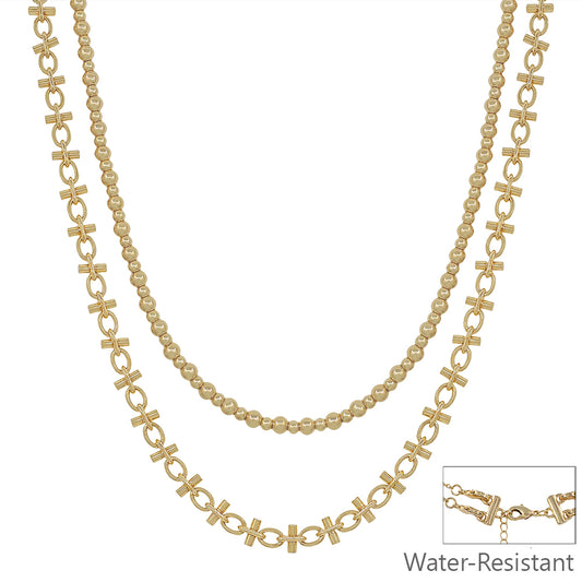 Water Resistant Double Layered Gold Beaded and Chain Multi Way 16"-18" Necklace
