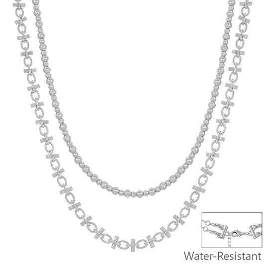 Water Resistant Double Layered Silver Beaded and Chain Multi Way 16"-18" Necklace