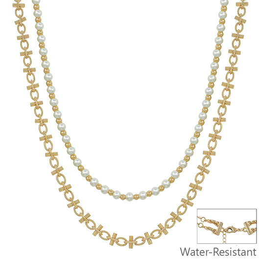 Water Resistant Pearl and Gold Layered Chain 16"-18" Necklace