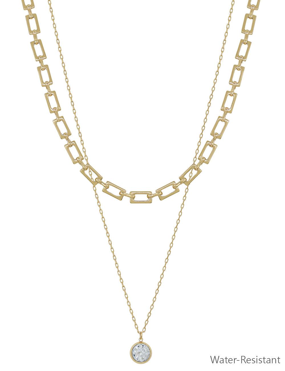 Water Resistant Double Layered Gold Chain with Rhinestone Circle Charm 16"-18" Necklace