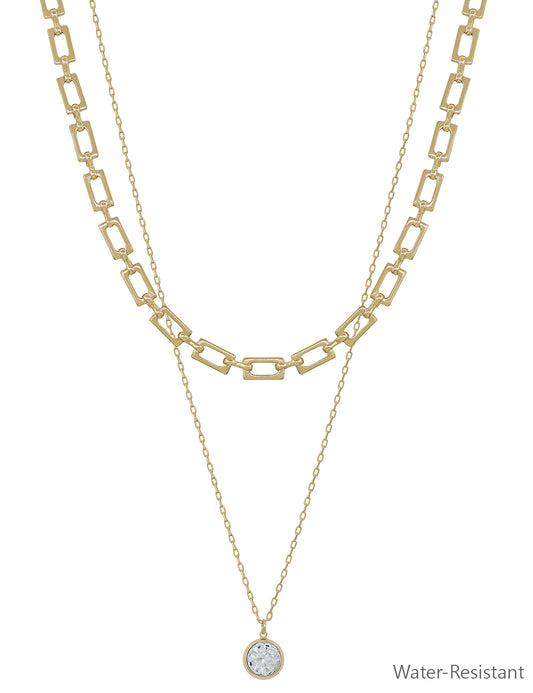 Water Resistant Double Layered Gold Chain with Rhinestone Circle Charm 16"-18" Necklace