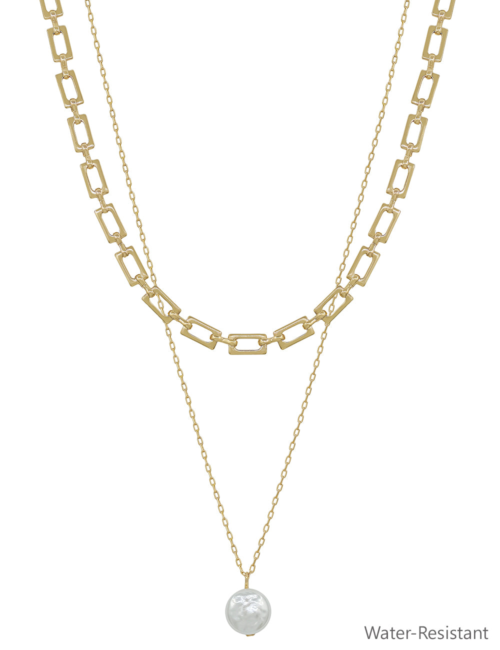 Gold Squared Chain with Freshwater Pearl Layered 16"-18" Necklace