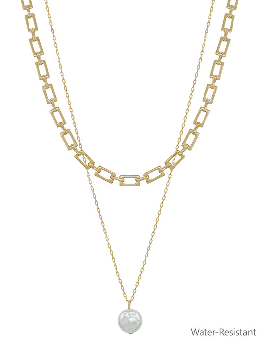 Gold Squared Chain with Freshwater Pearl Layered 16"-18" Necklace