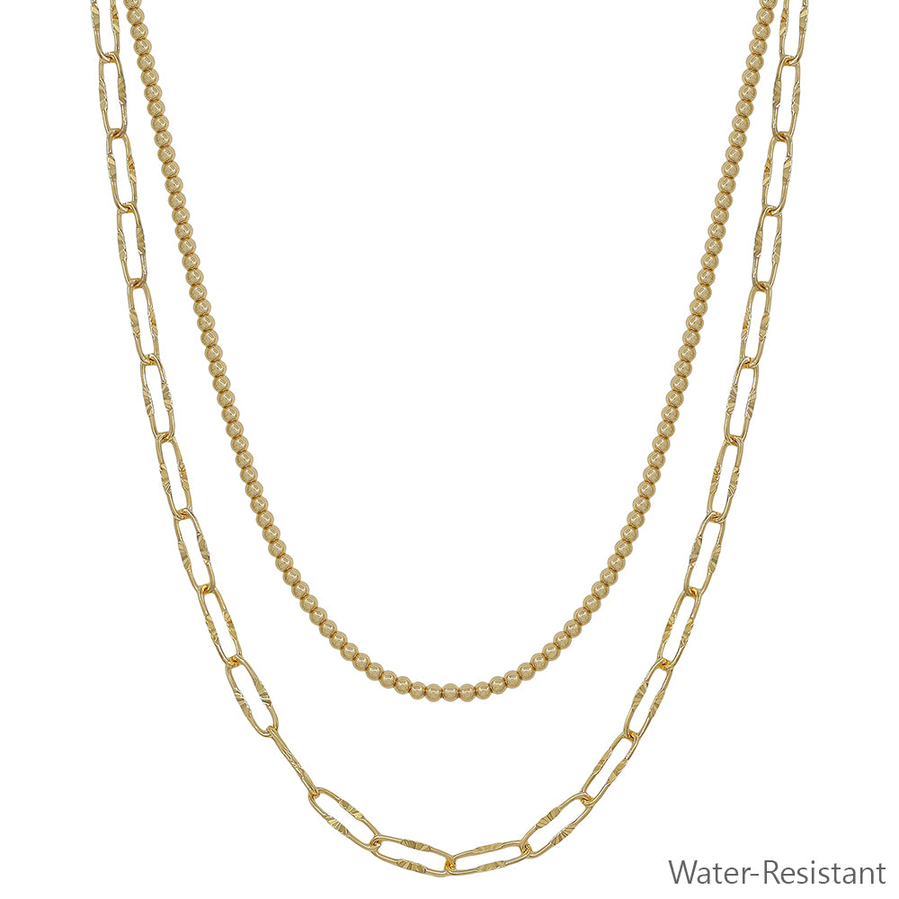 Water Resistant Gold Layered 3mm Bead and Open Chain 16"-18" Necklace