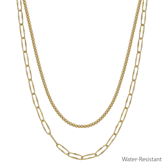 Water Resistant Gold Layered 3mm Bead and Open Chain 16"-18" Necklace
