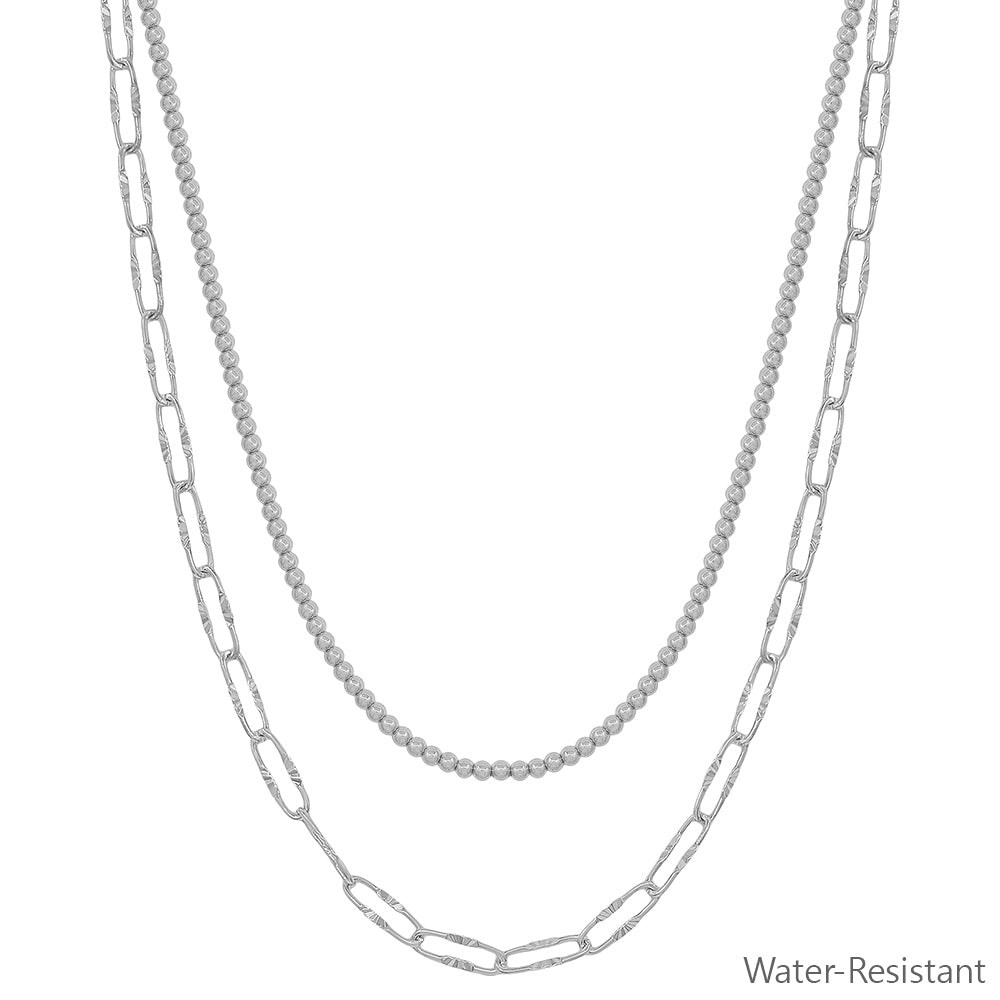 Water Resistant Silver Layered 3mm Bead and Open Chain 16"-18" Necklace
