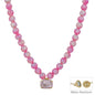 Pink Beaded Acrylic Beaded with Clear Rectangle Crystal 16"-18" Necklace