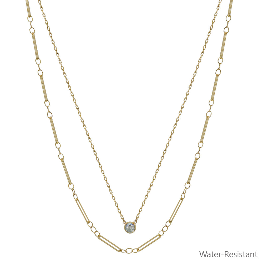 Water Resistant Clear Rhinestone with Gold Chain Layered 16"-18" Necklace