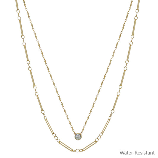 Water Resistant Clear Rhinestone with Gold Chain Layered 16"-18" Necklace