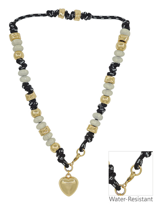 Black Threaded with Natural and Gold Beads with Puffy Heart Charm 16"-18" Necklace