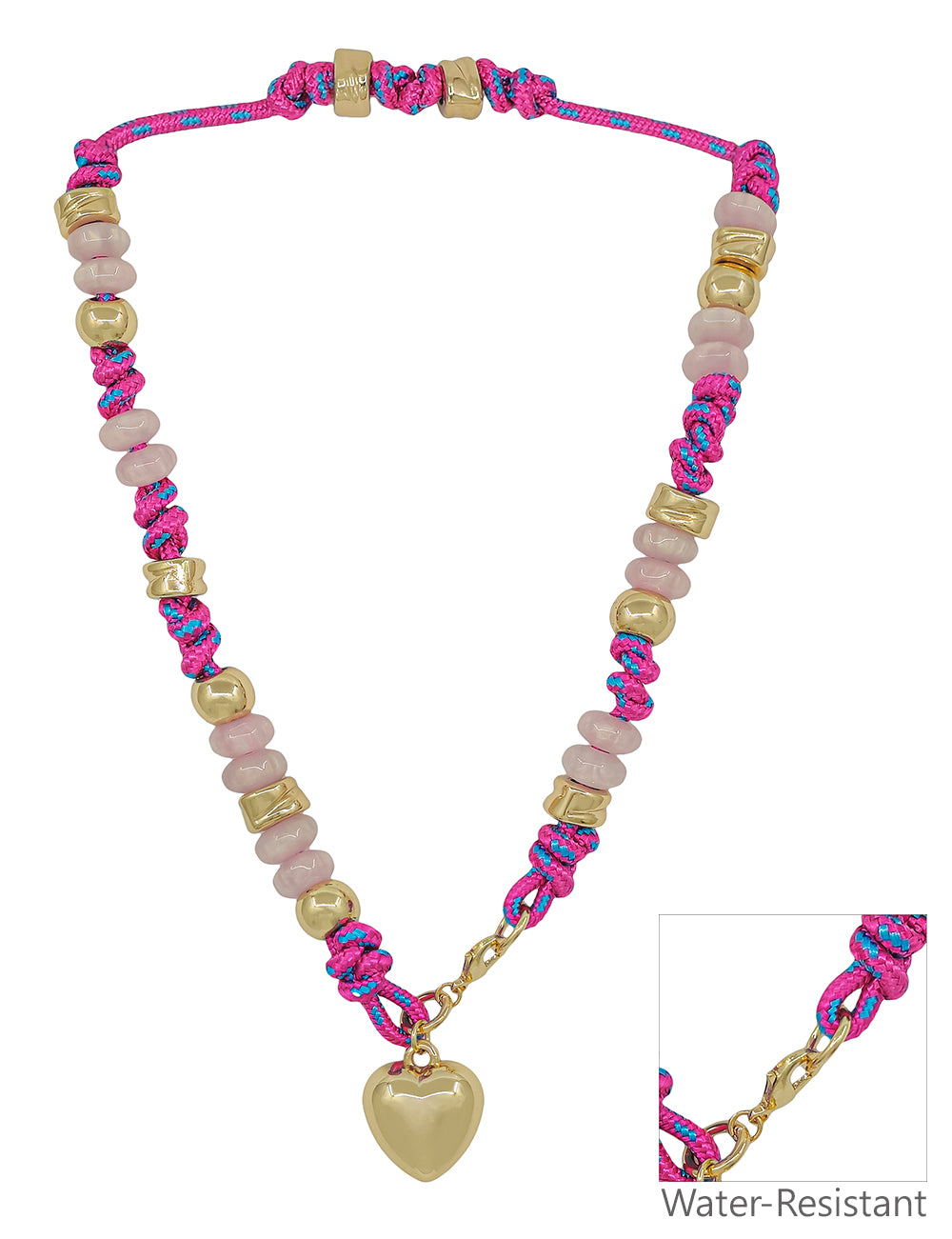 Hot Pink Threaded with Natural and Gold Beads with Puffy Heart Charm 16"-18" Necklace