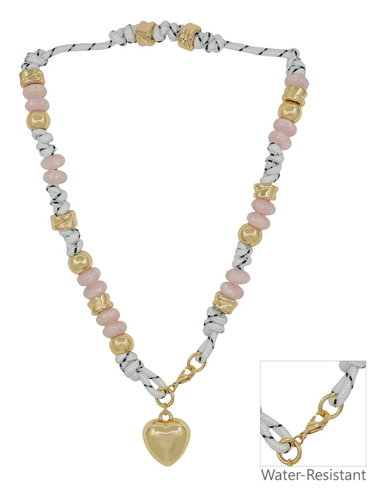 White Threaded with Natural and Gold Beads with Puffy Heart Charm 16"-18" Necklace