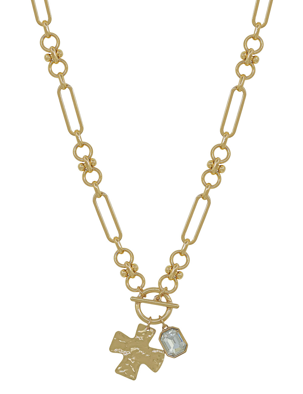Gold Open Chain with Hammered Cross and Rhinestone 16"-18" Necklace