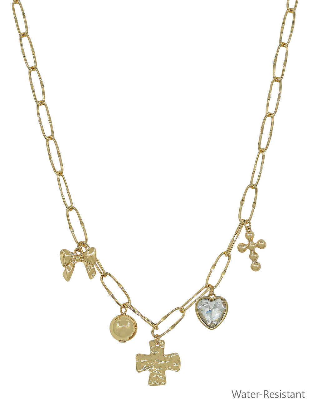 Water Resistant Open Chain with Bow, Cross, and Heart Charms 16"-18" Necklace