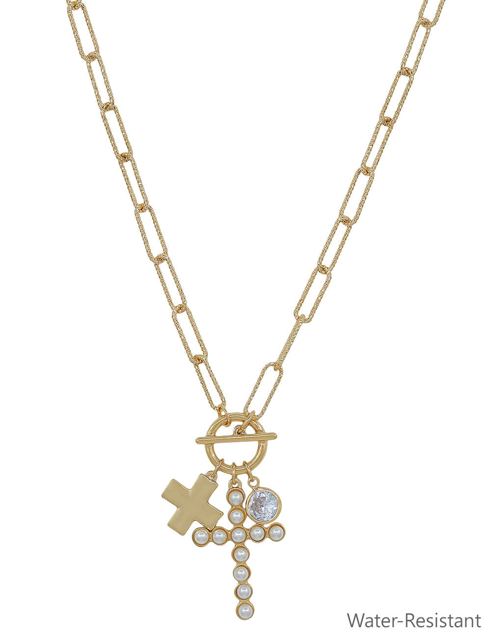 Water Resistant Gold Cross & Pearl Cross Charm 16"-18" Necklace