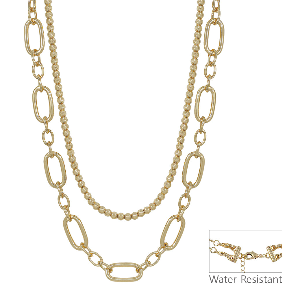Gold Beaded Chain with Open Rectangle Layered Mutliway 16"-18" Necklace