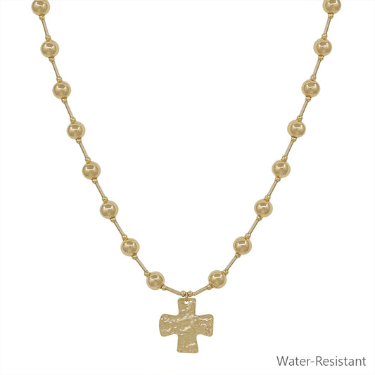 Water Resistant Gold 6MM Beaded with Hammered Gold Cross Charm 16"-18" Necklace