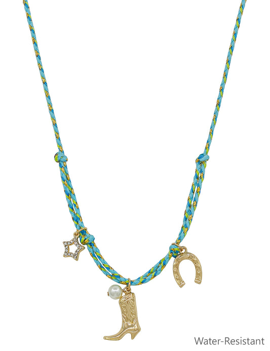 Mint and Blue Threaded with Cowboy Boot, Horseshoe, and Star 16"-18" Necklace