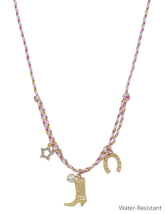 Pink Threaded with Cowboy Boot, Horseshoe, and Star 16"-18" Necklace