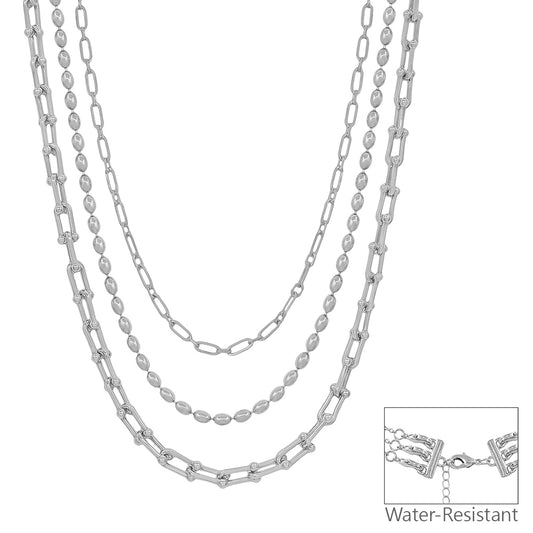 Water Resistant Triple Layered Silver Beaded and Chain Multi Way 16"-18" Necklace