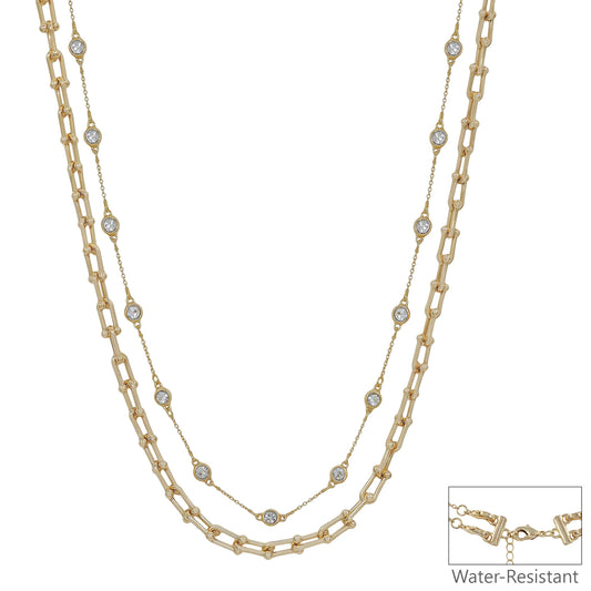 Water Resistant Gold Crystal and Chunky Layered Chain 16"-18" Necklace