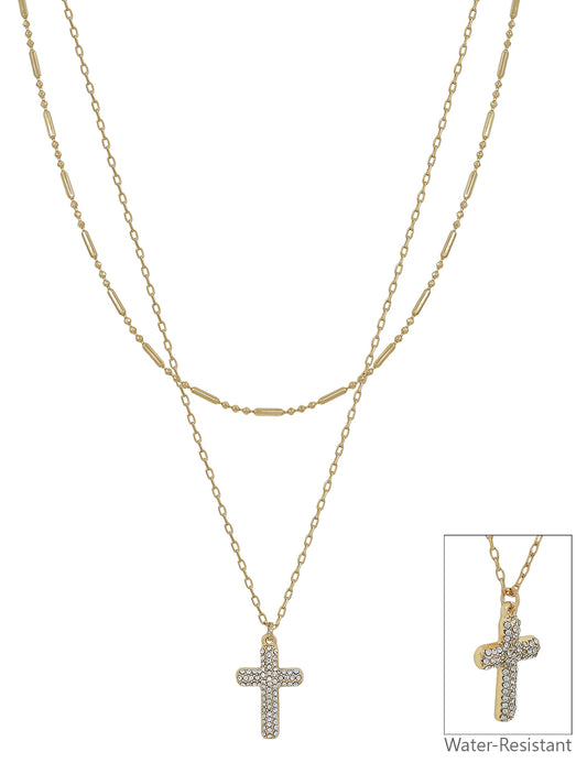 Water Resistant Gold Layered Rhinestone Cross 16"-18" Necklace