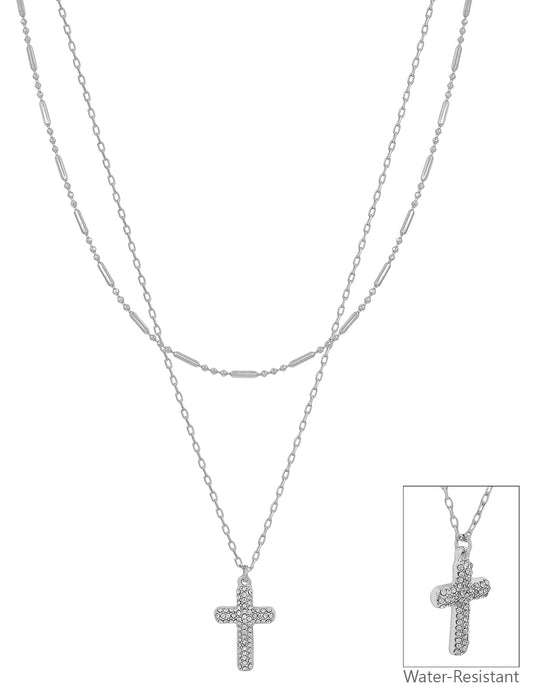 Water Resistant Silver Layered Rhinestone Cross 16"-18" Necklace