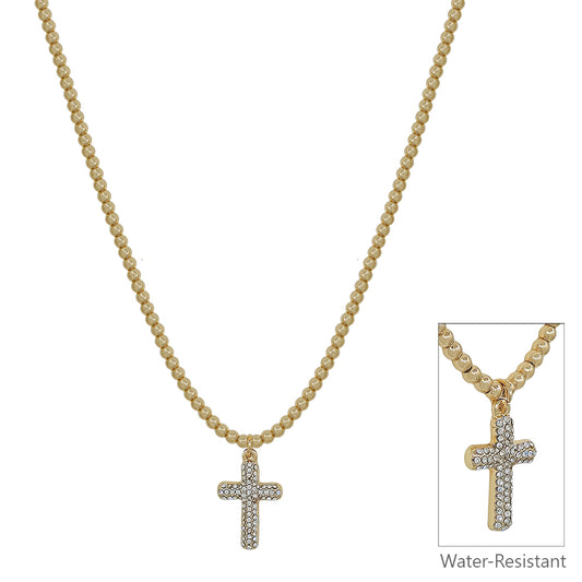 Water Resistant 3MM Gold Beaded with Rhinestone Cross Charm 16"-18" Necklace