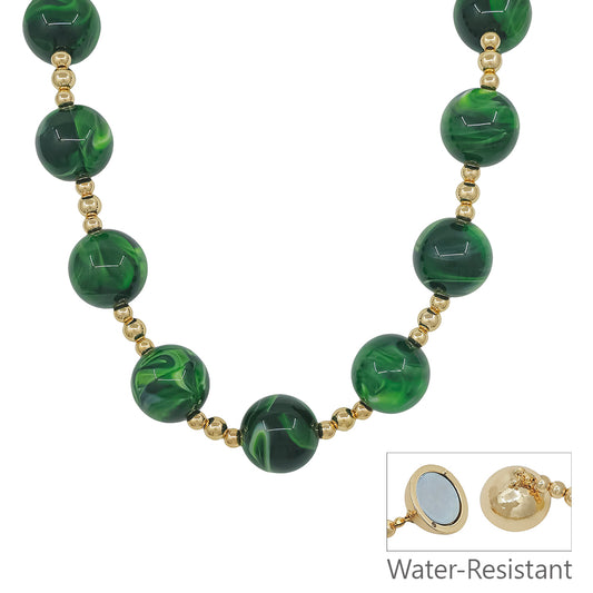 Water Resistant Gold and 20MM Large Beaded Emerald Green Magnetic Closure Necklace