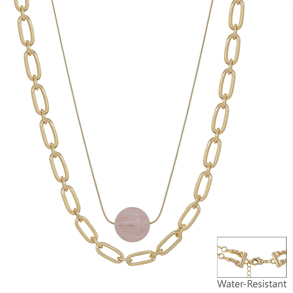 Water Resistant 20MM  Pink Acrylic Bead and Gold Chain Layered 16"-18" Necklace