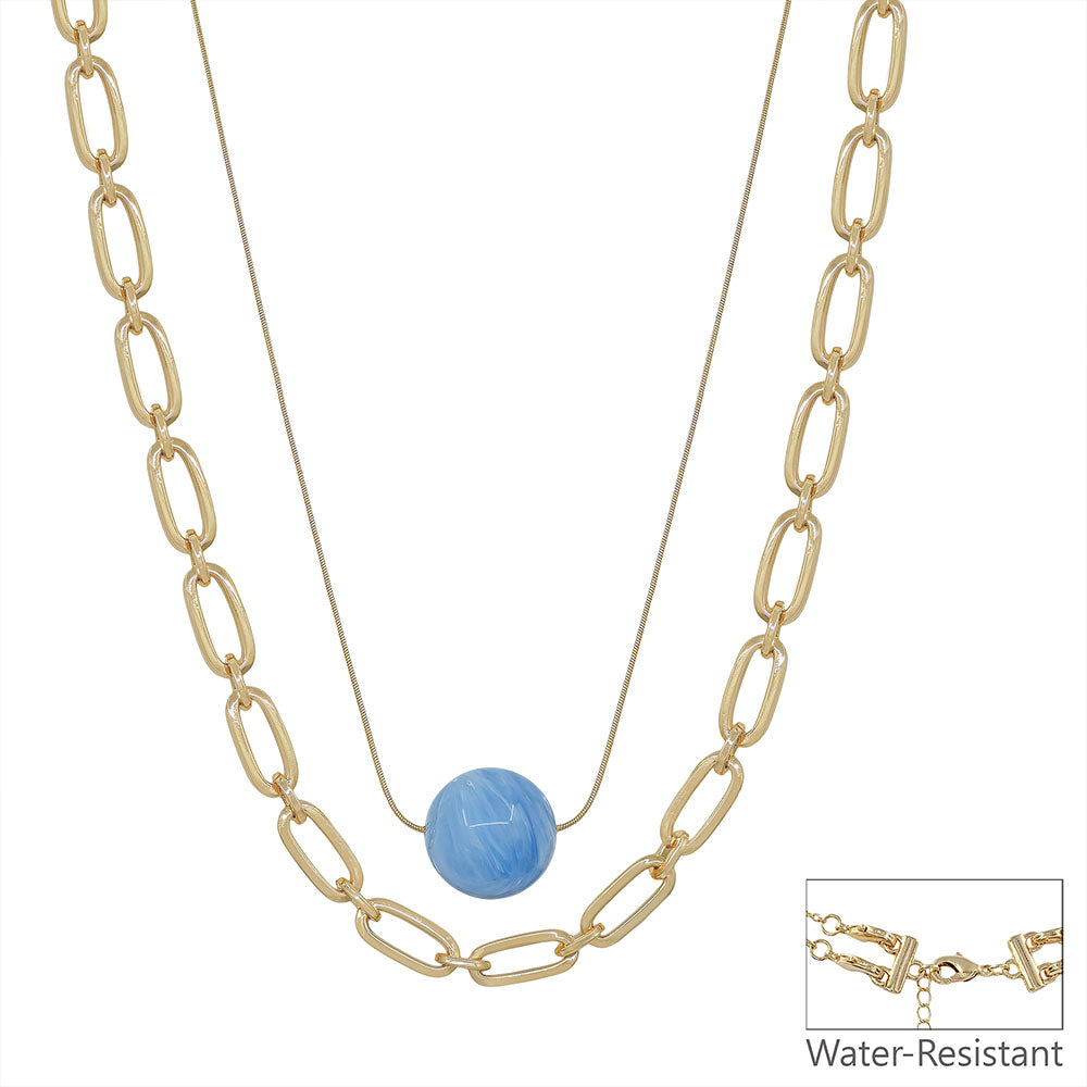 Water Resistant 20MM Blue Acrylic Bead and Gold Chain Layered 16"-18" Necklace