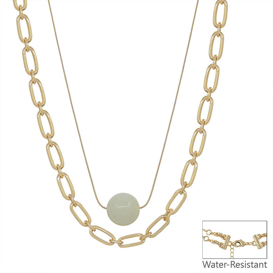 Water Resistant 20MM White Acrylic Bead and Gold Chain Layered 16"-18" Necklace