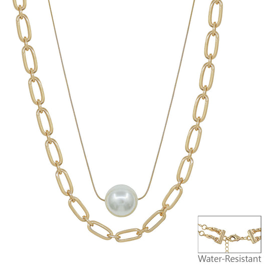 Water Resistant 20MM Pearl Bead and Gold Chain Layered 16"-18" Necklace