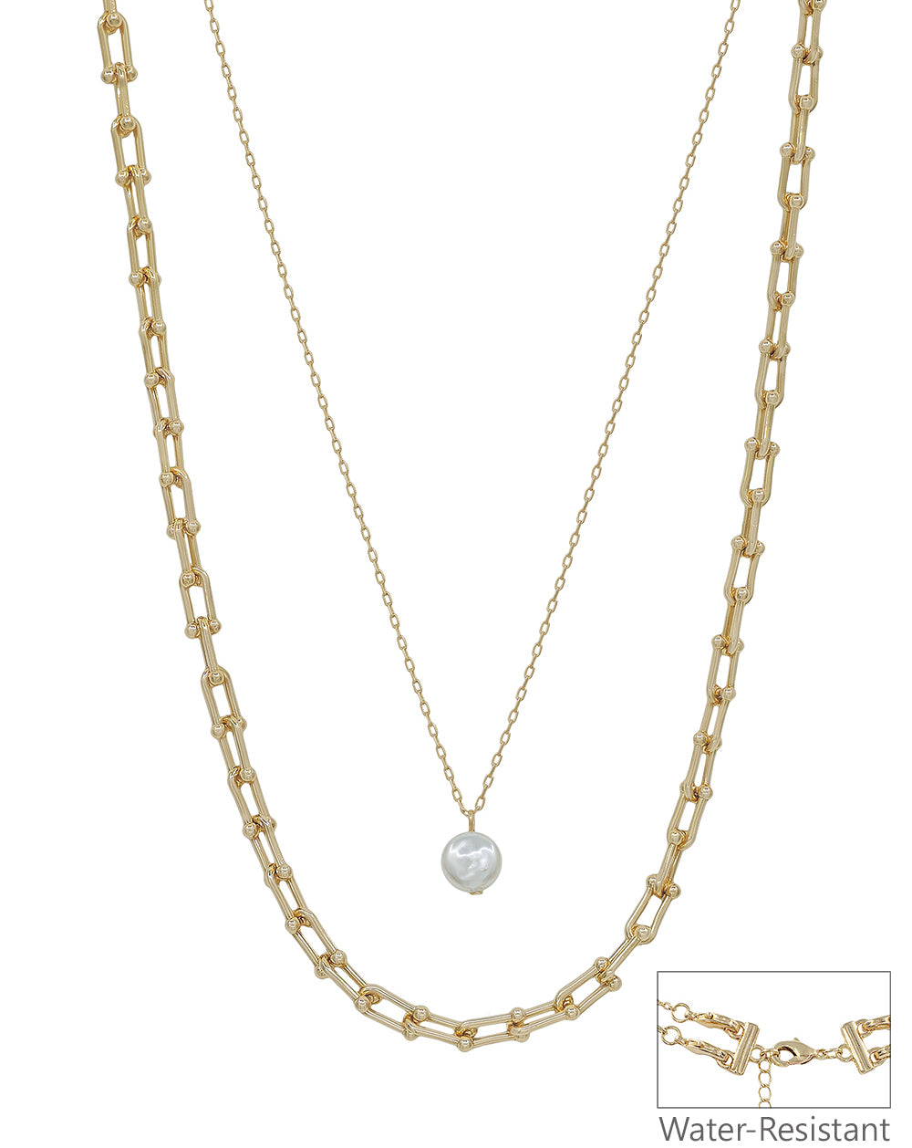 Water Resistant Thin Gold Chain with Coin Pearl 16"-18" Necklace