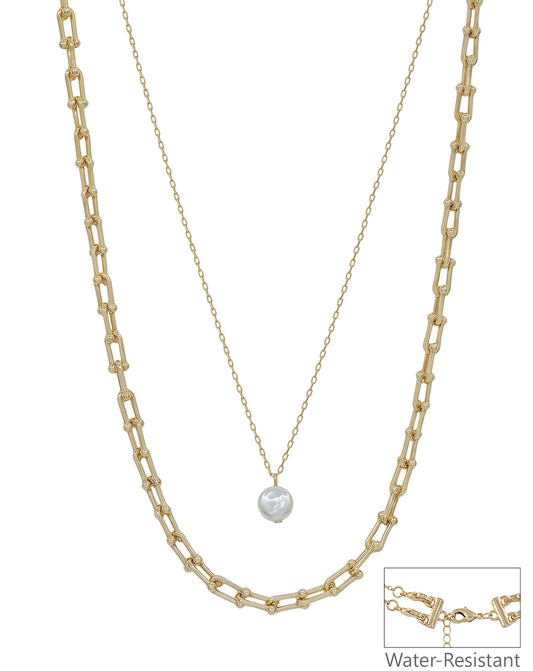 Water Resistant Thin Gold Chain with Coin Pearl 16"-18" Necklace