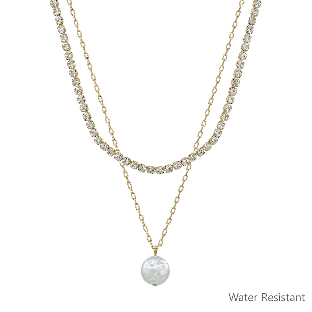 Gold Rhinestone with Freshwater Pearl and Rhinestone Layered 16"-18"Necklace