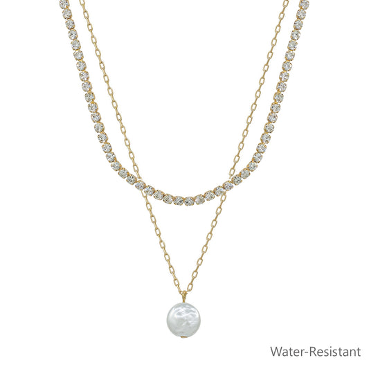 Gold Rhinestone with Freshwater Pearl and Rhinestone Layered 16"-18"Necklace