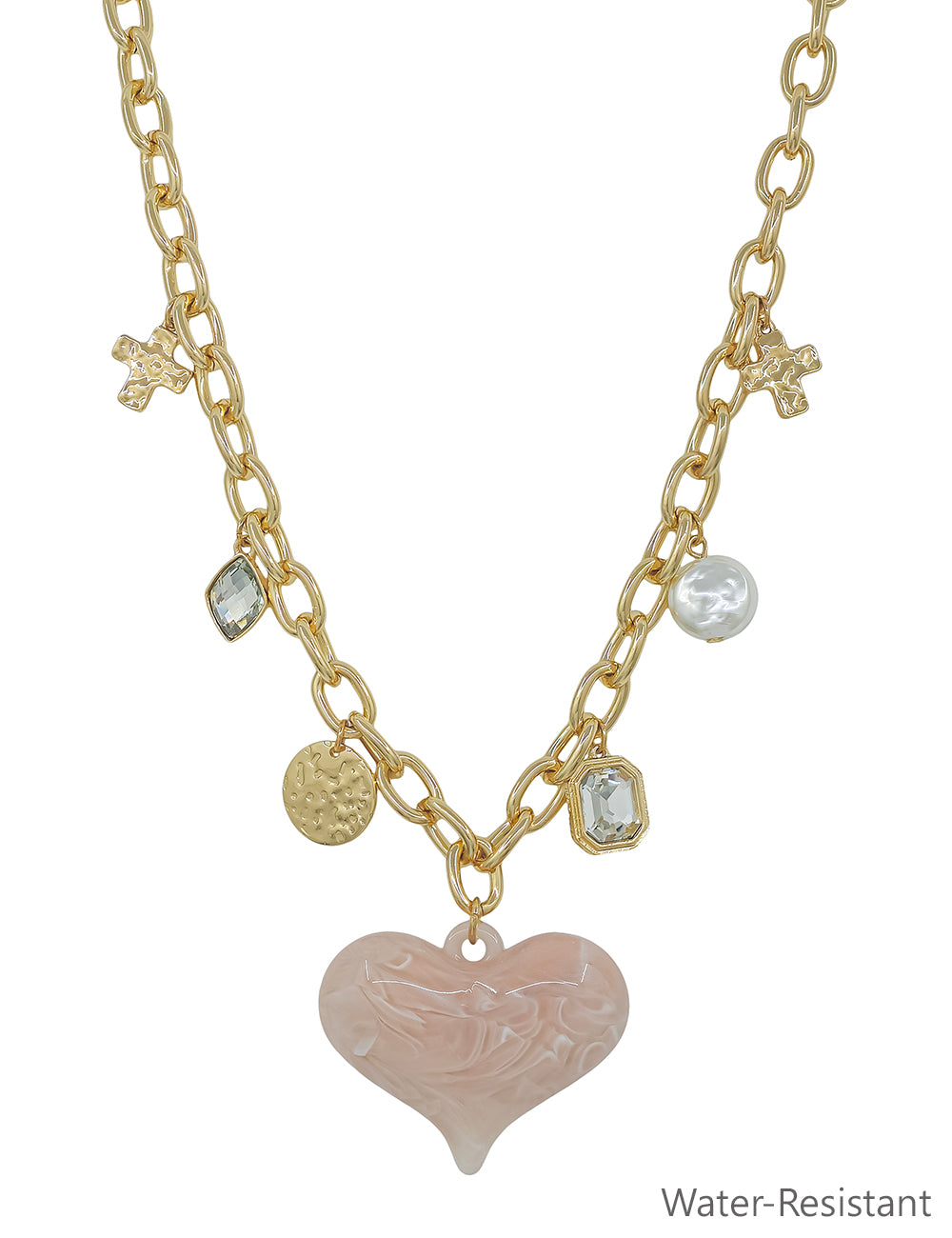 Water resistant Gold Chain with Charms and Chunky Pink Resin Heart 16"-18" Necklace water resistant
