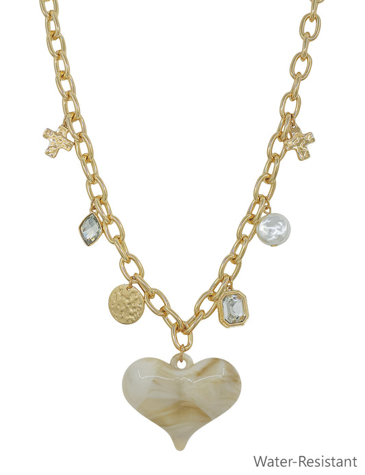 Water resistant Gold Chain with Charms and Chunky Natural Resin Heart 16"-18" Necklace