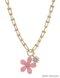 Gold Chunky Chain with Pink Resin Flower Charm 16"-18" Necklace