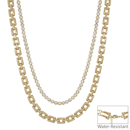 Water Resistant Gold Rectangle with Crystal Multi Way Layered 16"-18" Necklace