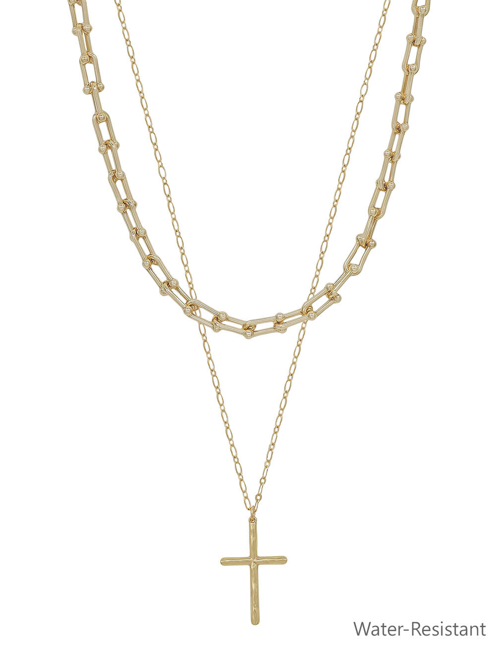 Water Resistant Gold Chain Layered with Cross 16"-18" Necklace