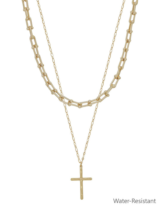 Water Resistant Gold Chain Layered with Cross 16"-18" Necklace