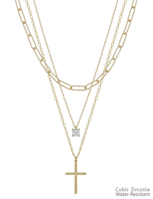 Gold Thin Rhinestone 1.2" Cross 16"-18" Necklace